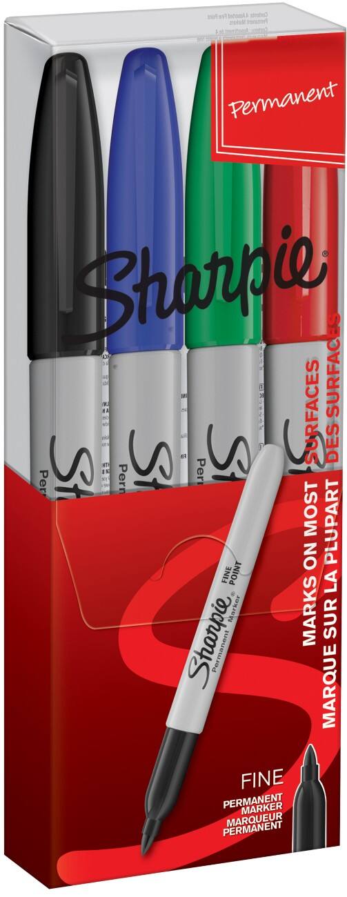 Marqueur permanent Sharpie Fine Point Fin Pointe Ronde Noir, Bleu, Vert, Rouge 4 Unités