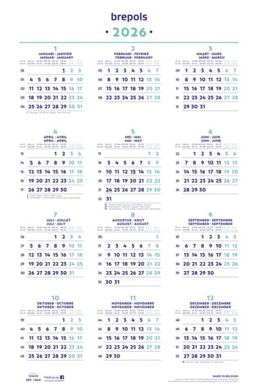 Calendrier mural Brepols 2026 1 An par page Allemand, Anglais, Français, Néerlandais 60,5 (L) x 0,1 (P) x 40 (H) cm Blanc