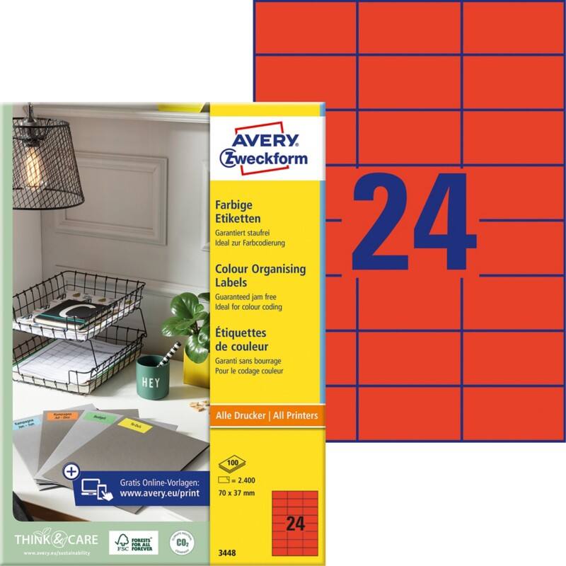 Étiquettes multifonctions Laser Avery 3448 Adhésif A4 Rouge 70 x 37 mm 100 Feuilles de 24 Étiquettes