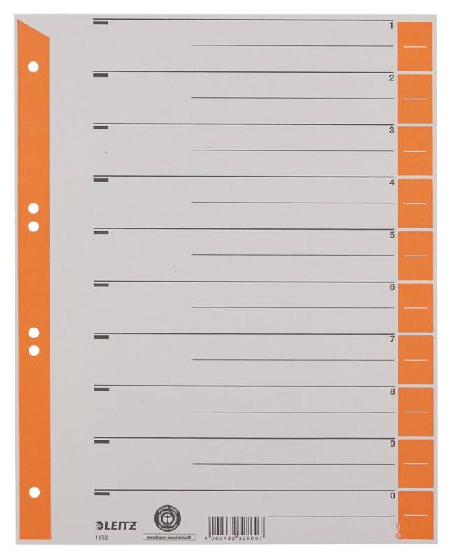 Intercalaires Leitz 1 à 10 A4 extra large Orange 10 intercalaires Carton 6 Perforations 1652 100 Unités