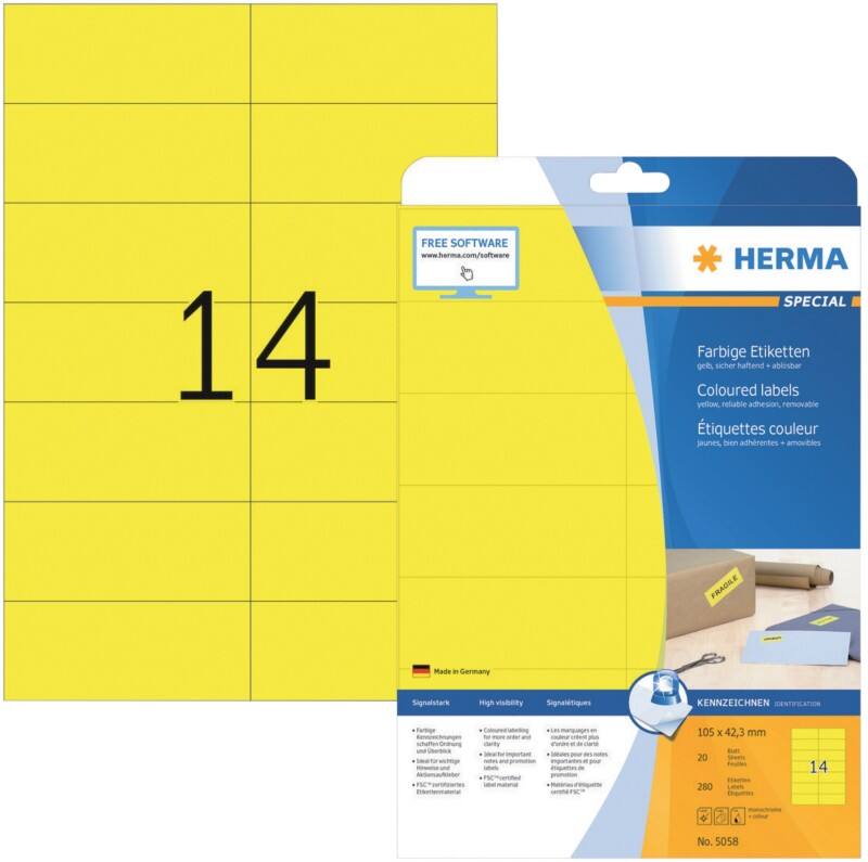 Étiquettes universelles HERMA 5058 A4 Jaune Rectangulaires 105 x 42,3 mm 280 Étiquettes par paquet 5058