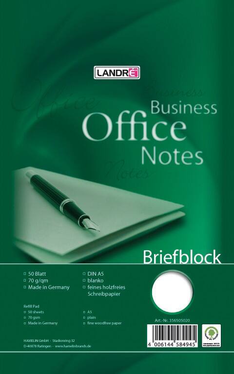 Bloc-notes LANDRÉ Office A5 Vert Reliure supérieure Couverture en carte Collé Réglure unie 50 feuilles