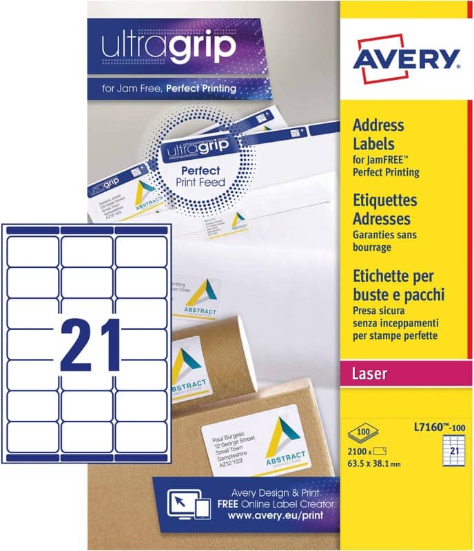 Étiquettes d'adresse Ultragrip Avery L7160-100 Adhésif A4 Blanc 63.5 x 38.1 mm 100 Feuilles de 21 Étiquettes