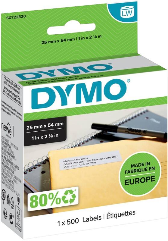 Étiquette d'adresse DYMO LW Authentique 11352 S0722520 Autocollantes Noir sur Blanc 25 x 54 mm 500 Étiquettes