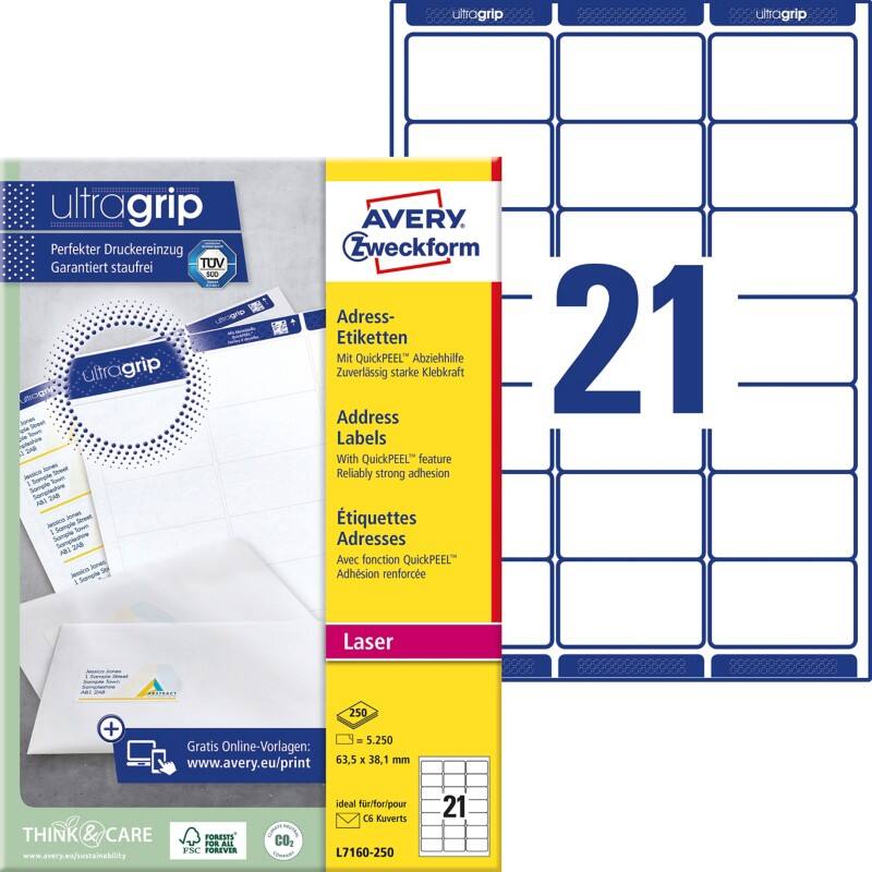 Étiquettes d'adresse Ultragrip Avery L7160-250 Adhésif A4 Blanc 63.5 x 38.1 mm 250 Feuilles de 21 Étiquettes