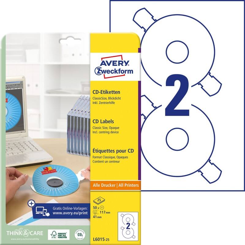 Étiquettes CD/DVD Avery L6015-25 A4 Blanc 25 Feuilles de 2 Étiquettes