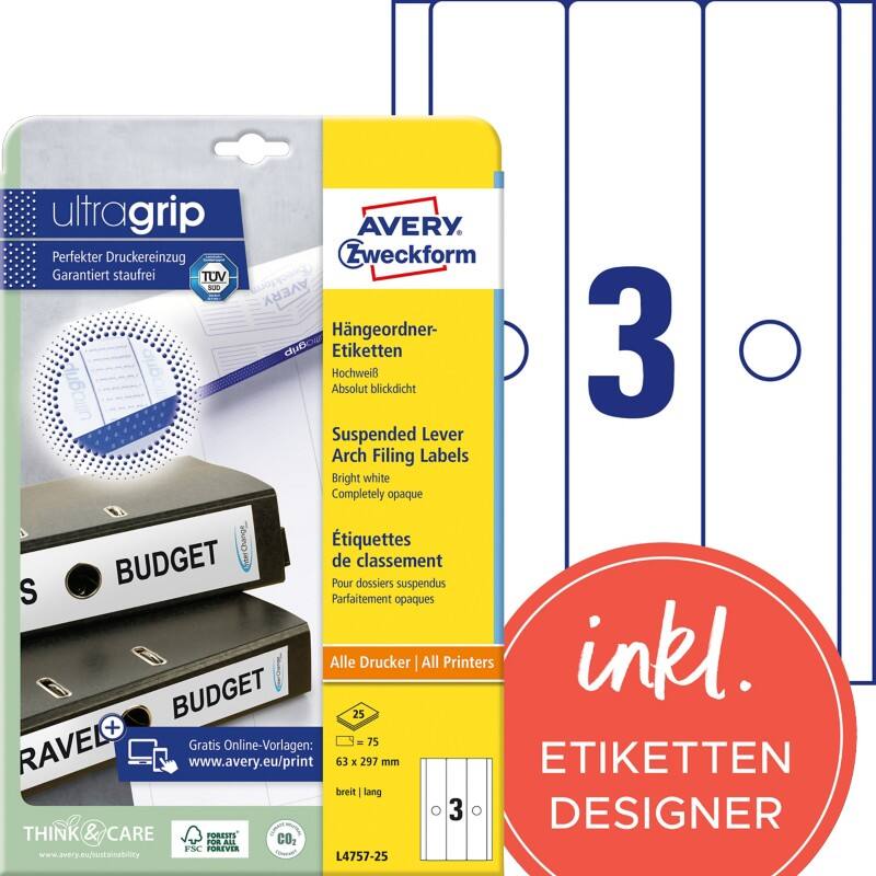 Étiquettes pour dos de classeur Avery L4757-25 Ultragrip Blanc A4 63 mm 25 Feuilles de 3 Étiquettes