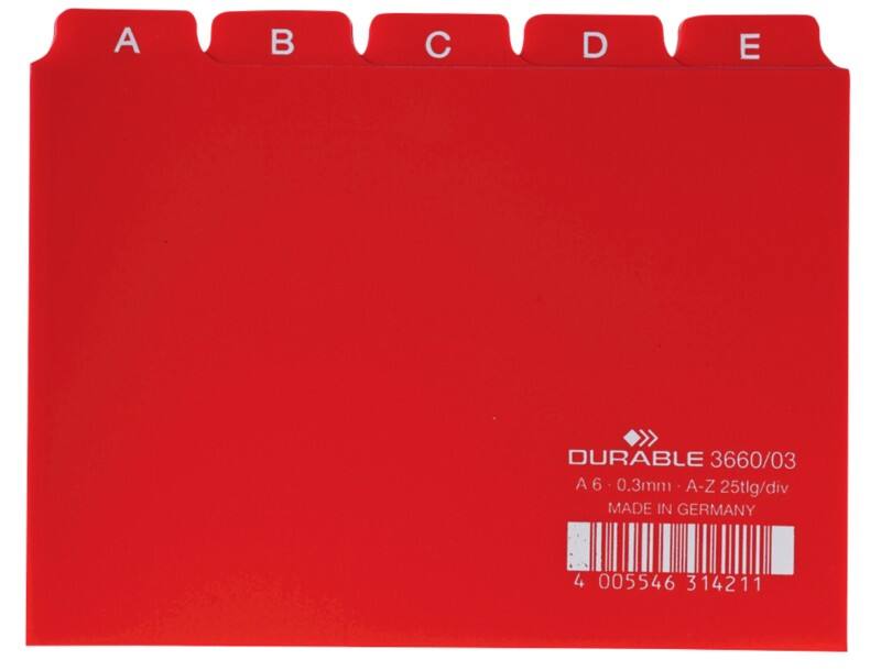 Fiches index alphabétique DURABLE A-Z Rouge 14,8 x 10,5 cm 25 Unités