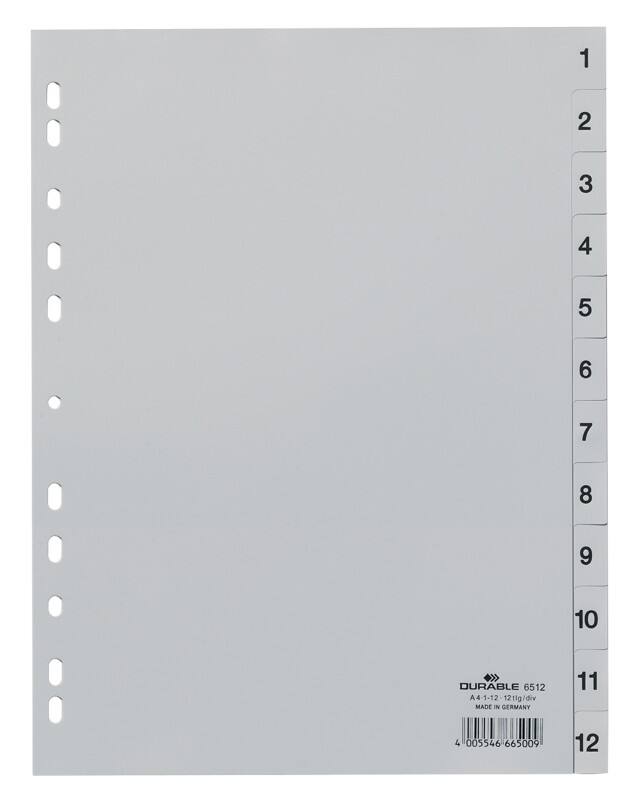 Intercalaires numériques 1 à 12 DURABLE A4 Gris 12 intercalaires PP (Polypropylène) 11 Perforations 6512