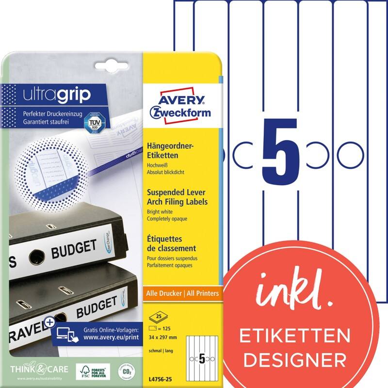 Étiquettes pour dos de classeurs Avery L4756-25 Ultragrip Blanc A4 34 mm 25 Feuilles de 5 Étiquettes