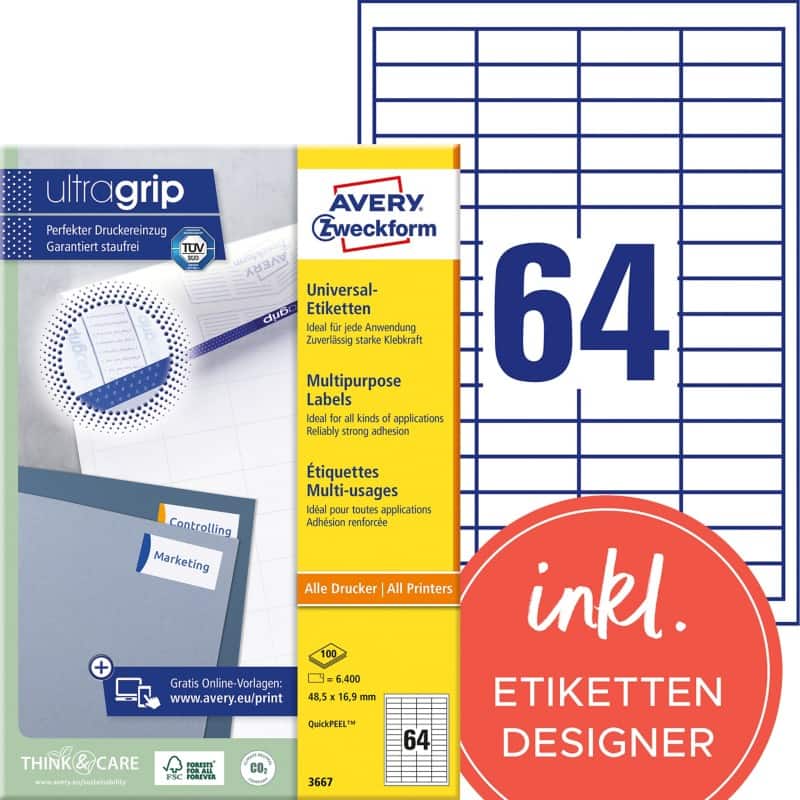 Étiquettes universelles Ultragrip Avery 3667 Adhésif A4 Blanc 48.5 x 16.9 mm 100 Feuilles de 64 Étiquettes