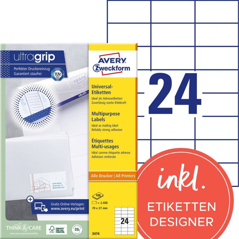 Étiquettes universelles Ultragrip Avery 3474 Adhésif A4 Blanc 70 x 37 mm 100 Feuilles de 24 Étiquettes