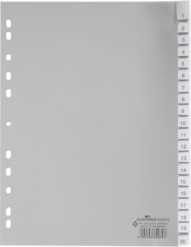 Intercalaires numériques 1 à 20 DURABLE A4 Gris 20 intercalaires PP (Polypropylène) 11 Perforations 6443
