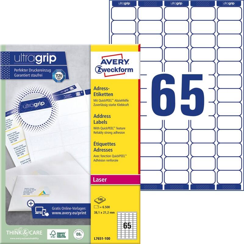 Étiquettes universelles Avery Ultragrip L7651-100 Adhésif A4 Blanc 38.1 x 21.2 mm 100 Feuilles de 65 Étiquettes