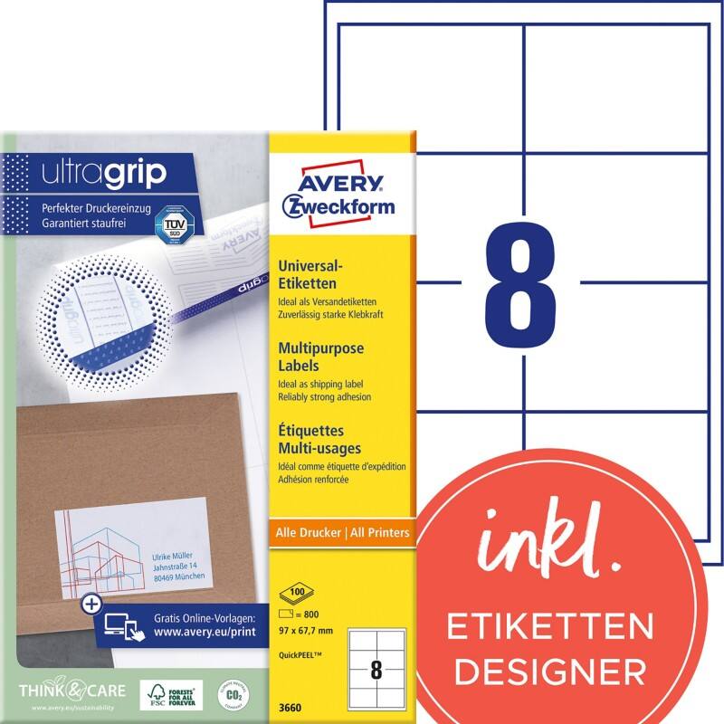 Étiquettes universelles Ultragrip Avery 3660 Adhésif A4 Blanc 97 x 67.7 mm 100 Feuilles de 8 Étiquettes