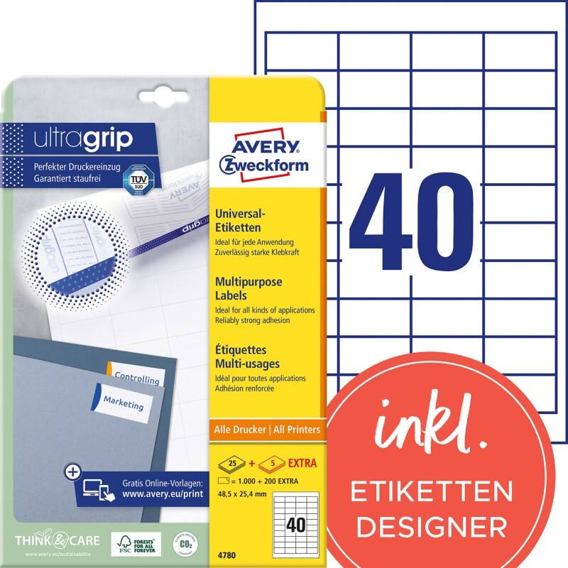 Étiquettes universelles Ultragrip Avery 4780 Adhésif A4 Blanc 48.5 x 25.4 mm 30 Feuilles de 40 Étiquettes