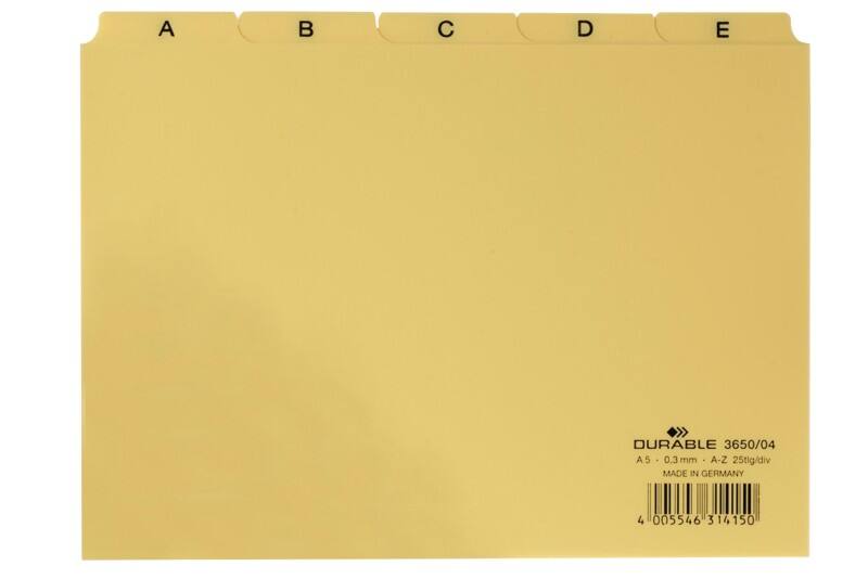 Fiches index alphabétique DURABLE A-Z Jaune 21 x 14,8 cm 25 Unités