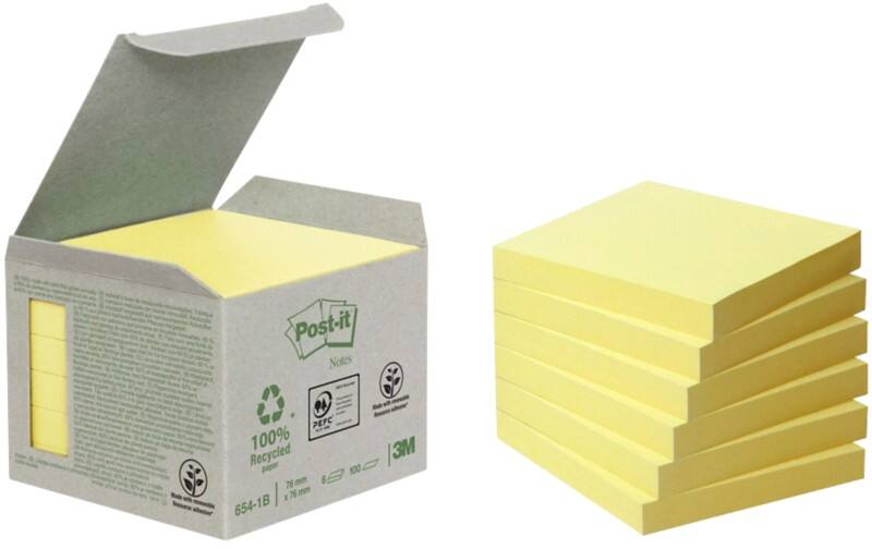 Notes adhésives recyclées Post-it 76 x 76 mm Jaune 6 Unités de 100 Feuilles