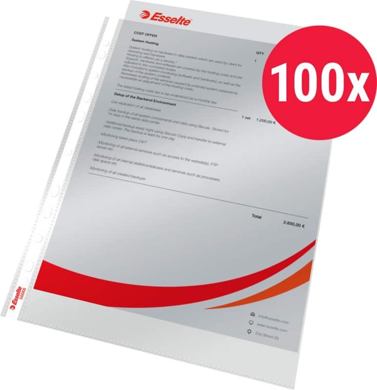Pochettes perforées Esselte A4 Transparent 55 microns PP (Polypropylène) Ouverture par le haut 11 perforations 56066 100 unités