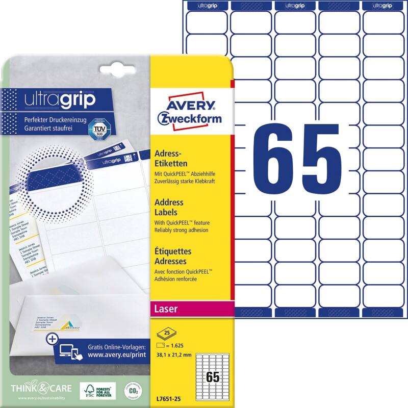 Étiquettes universelles Avery Ultragrip L7651-25 Adhésif A4 Blanc 38.1 x 21.2 mm 25 Feuilles de 65 Étiquettes