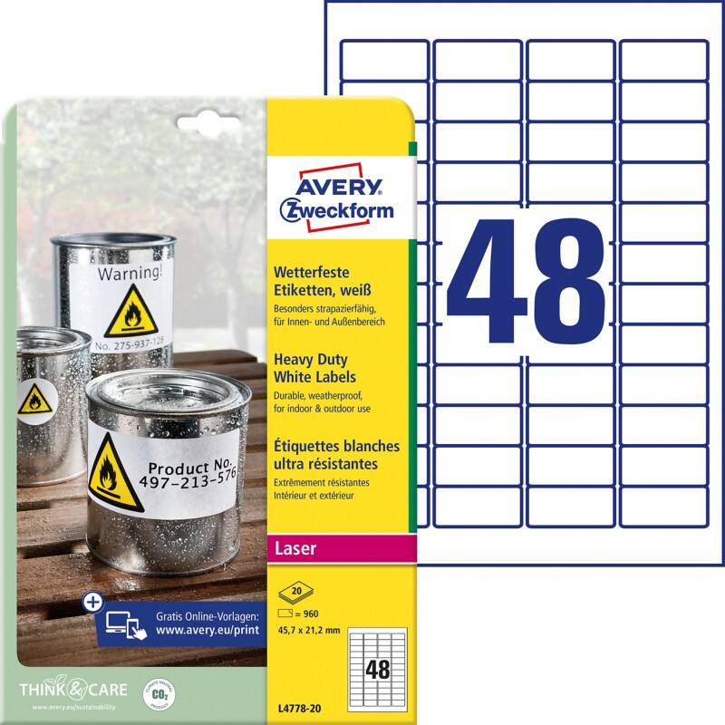 Étiquettes Avery Heavy Duty adhésif A4 Blanc 45.7 x 21.2 mm 20 Feuilles de 48 Étiquettes