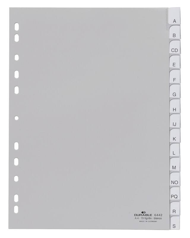 Intercalaires alphabétiques A - Z DURABLE A4 Gris 15 intercalaires PP (Polypropylène) 11 Perforations 6442