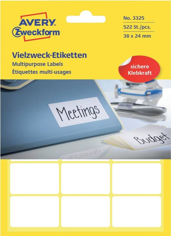 Étiquettes universelles Avery 3325 Adhésif Blanc 38 x 24 mm 29 Feuilles de 18 Étiquettes