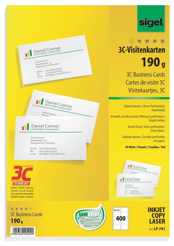Cartes de visite Sigel 190 g/m² Blanc 40 Feuilles de 10 Unités