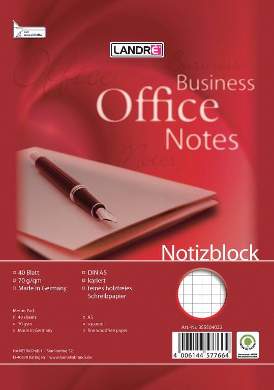 Bloc-notes LANDRÉ Office A5 Quadrillé Reliure spirale Carte Blanc Sans perforation 80 Pages 40 Feuilles