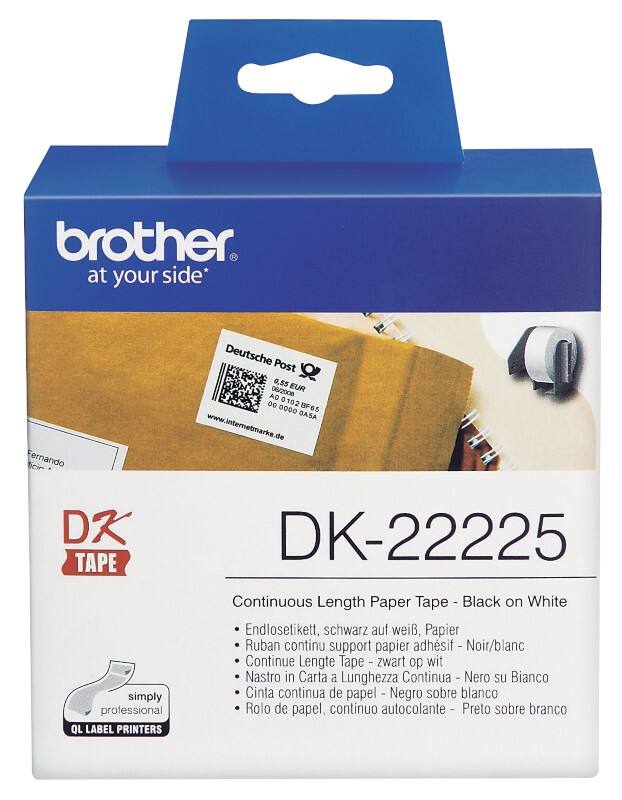Rouleau d'étiquettes Brother QL Authentique DK-22225 DK-22225 Autocollantes Noir sur Blanc 38 mm