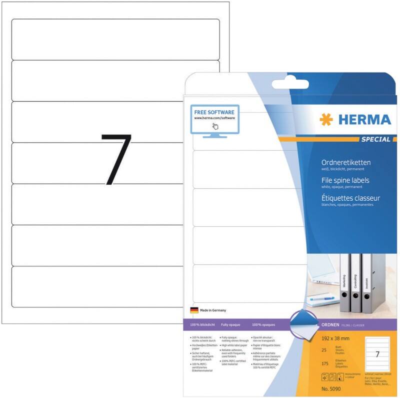 Étiquettes pour dos de classeur SuperPrint HERMA A4 38 mm Blanc 25 Feuilles de 7 Étiquettes 5090