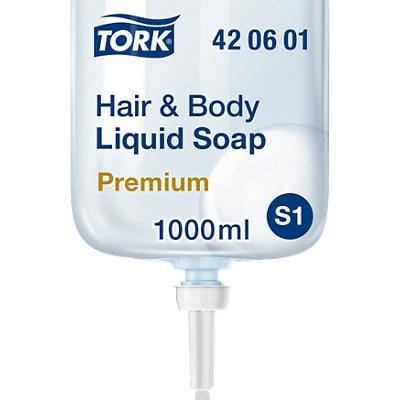 Savon liquide Corps & Cheveux Tork - 420601- Gel douche et Shampooing 2 en 1 pour distributeurs S1 - Qualité Premium, parfum frais, unisexe, 1 x 1000 ml