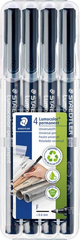 Marqueur permanent STAEDTLER Lumocolor Universal F 97% Recyclé Fin Ogive 0,6 mm Noir Rechargeable 4 Unités