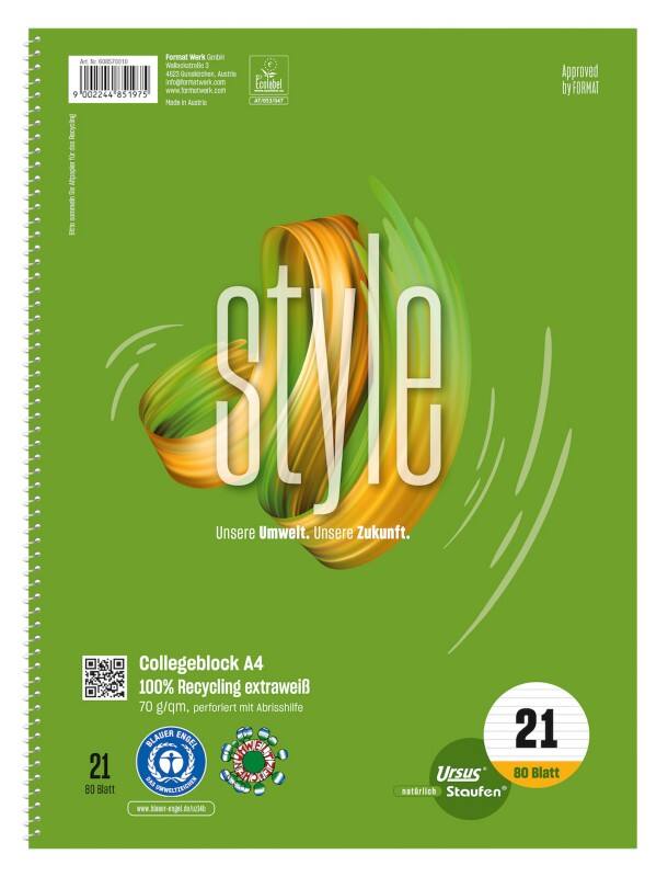 Cahier Ursus Green A4 Ligné Reliure en spirale Papier Vert Perforé 160 Pages 80 Feuilles