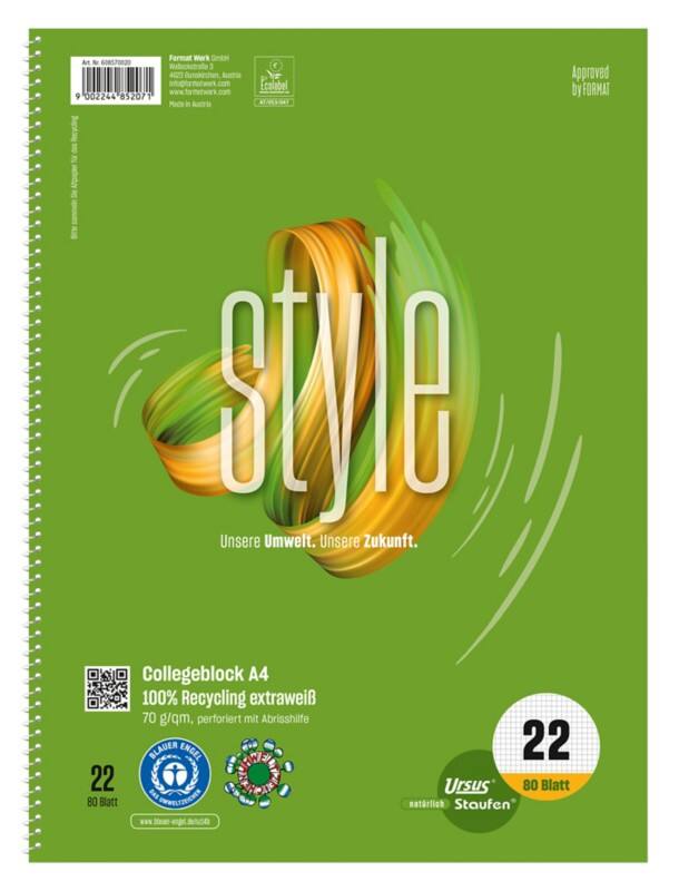 Cahier Ursus Style A4 Quadrillé Reliure en spirale Papier Vert Perforé 160 Pages 80 Feuilles