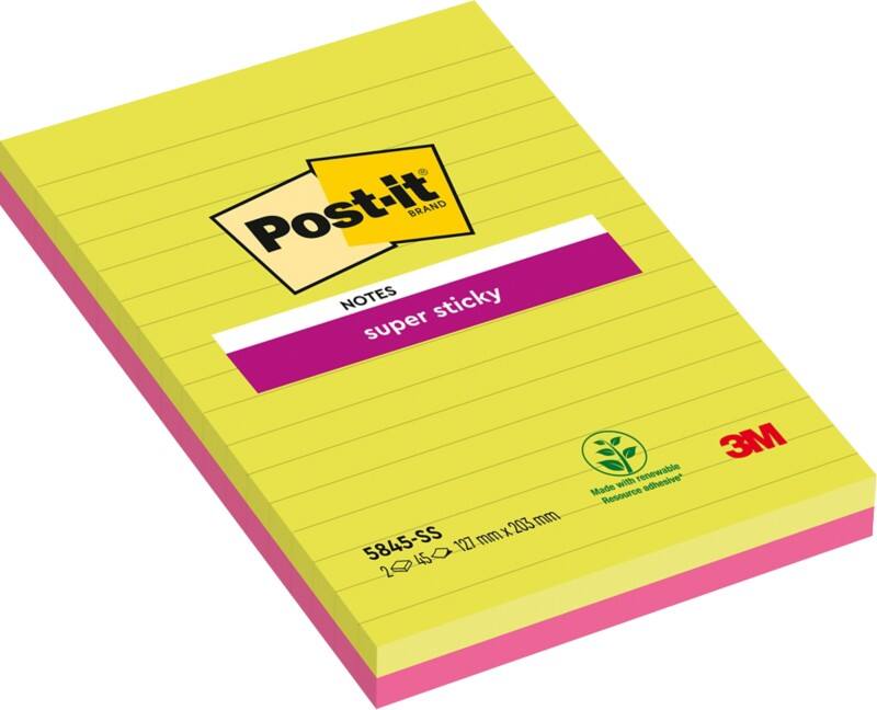 Notes Super Sticky Post-it Lignées Grand format 127 x 203 mm Assortiment fluo 2 Blocs de 45 Feuilles
