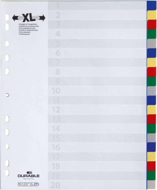 Intercalaires vierges DURABLE A4+ Assortiment 20 intercalaires PP (Polypropylène) 11 Perforations 6759-27