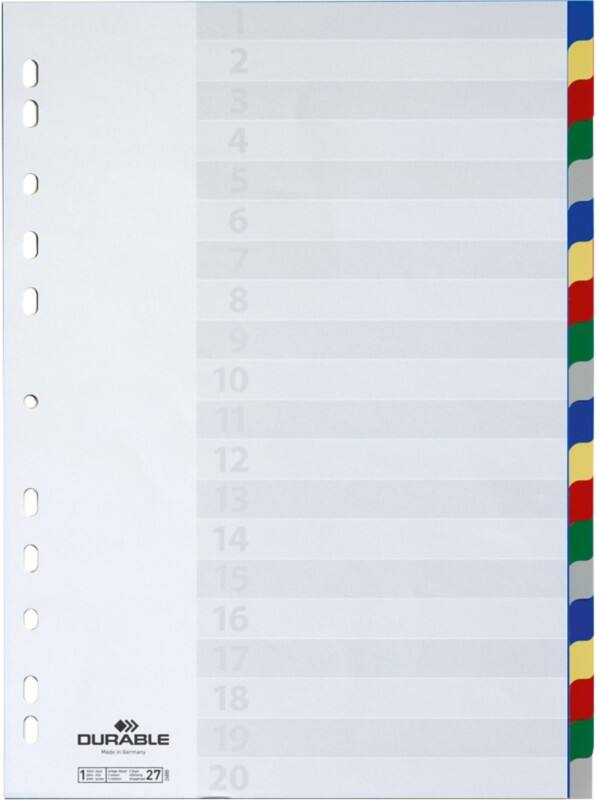 Intercalaires vierges DURABLE A4 Assortiment 20 intercalaires PP (Polypropylène) 11 Perforations 6758-27