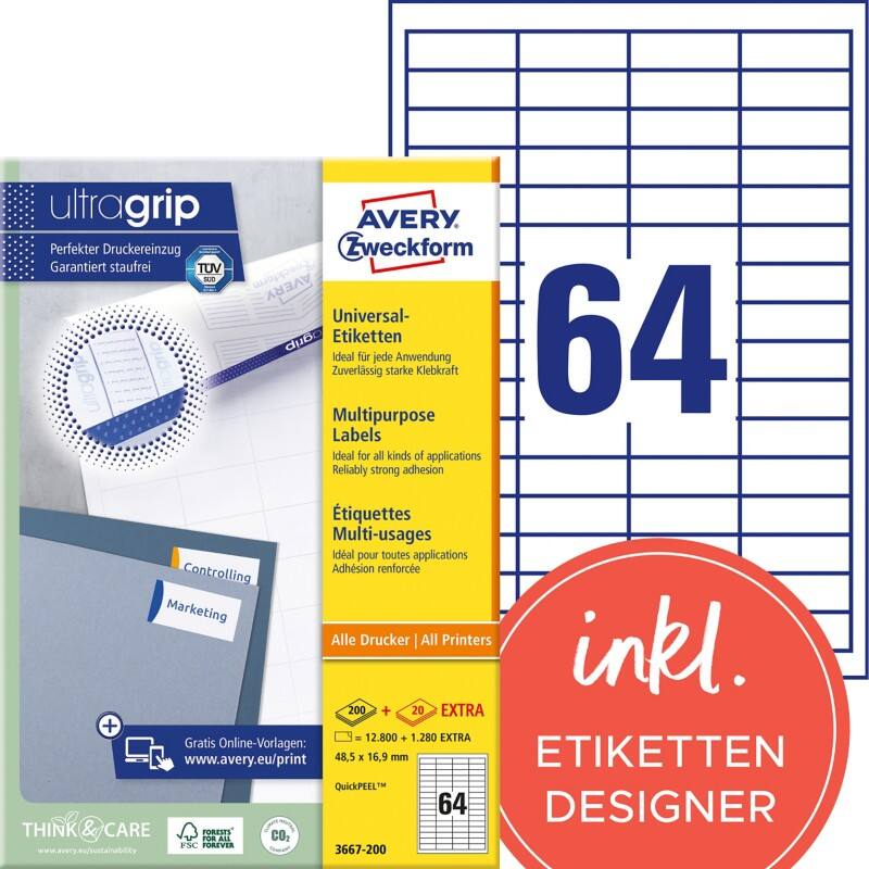 Étiquettes multifonctions Ultragrip Avery 3667-200 Adhésif A4 Blanc 48.5 x 16.9 mm 220 Feuilles de 64 Étiquettes