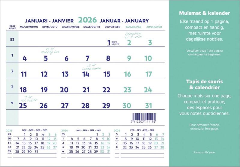 Calendrier de bureau Brepols Calendrier tapis de souris 2026 1 Mois par page Néerlandais, Français 18 (L) x 0,3 (P) x 23 (H) cm Blanc