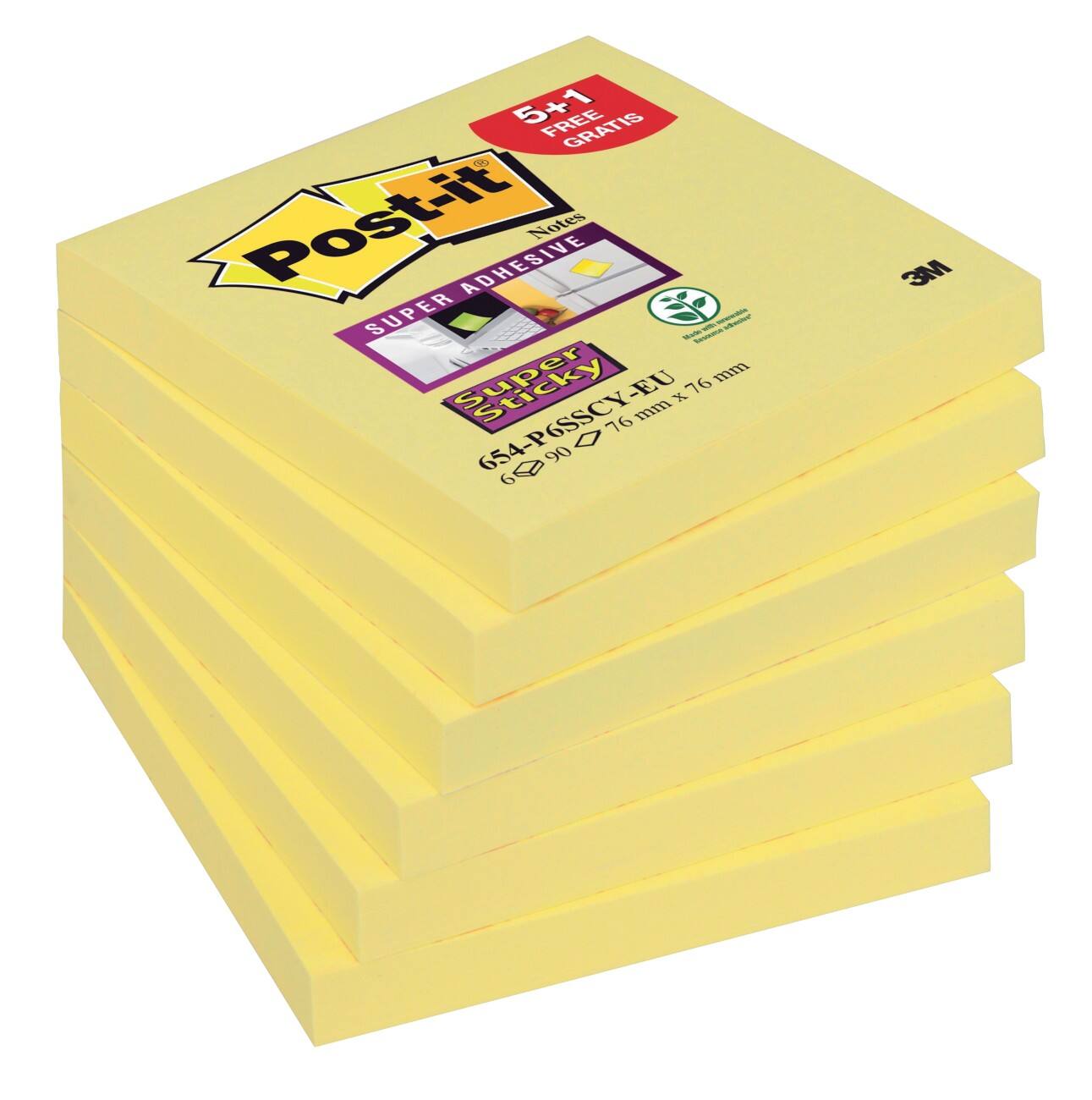 Notes Post-it Super Sticky 76 x 76 mm Jaune canari Pack avantage 90 Feuilles 5 + 1 GRATUIT