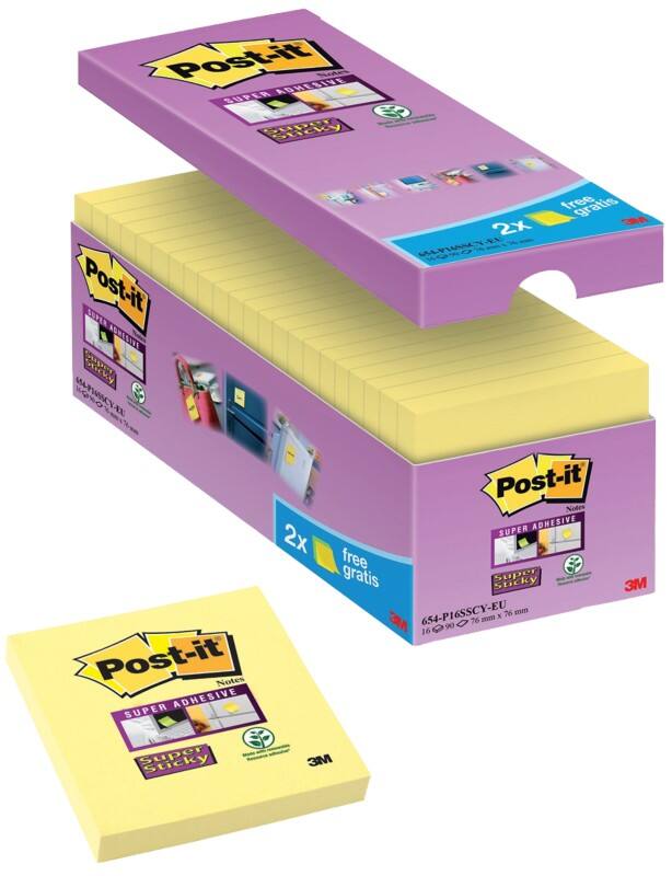 Notes Super Sticky Post-it 76 x 76 mm Jaune canari Pack économique 90 Feuilles 14 blocs + 2 GRATUITS