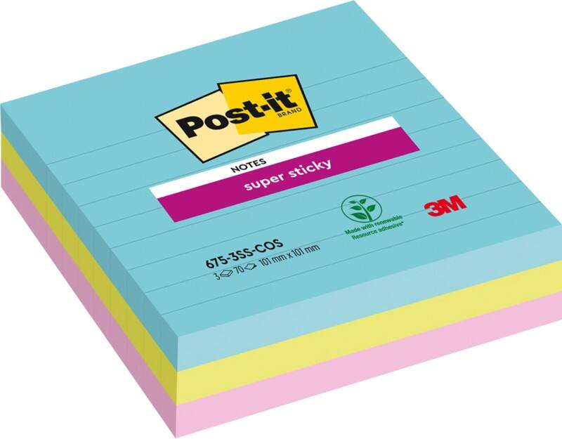 Notes Super Sticky Post-it Miami 101 x 101 mm Assortiment Carré Ligné 3 Blocs de 70 Feuilles