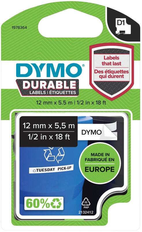 Ruban d’étiquettes D1 Dymo 1978364 d’origine, durables Autocollantes Noir sur blanc 12 mm (l) x 5,5 m (L)