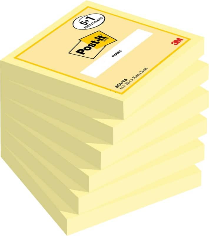 Notes Post-it 76 x 76 mm Jaune canari 100 Feuilles Pack économique 5 + 1 GRATUIT