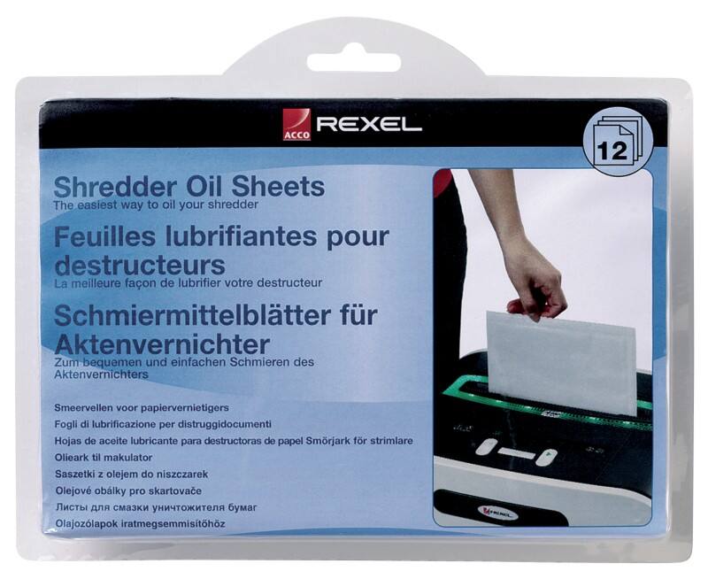 Feuilles pré-lubrifiées Rexel pour entretien du destructeur 12 Unités