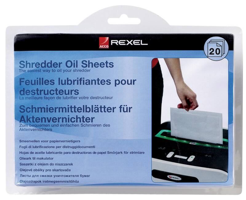 Feuilles pré-lubrifiées Rexel pour entretien du destructeur 20 Unités