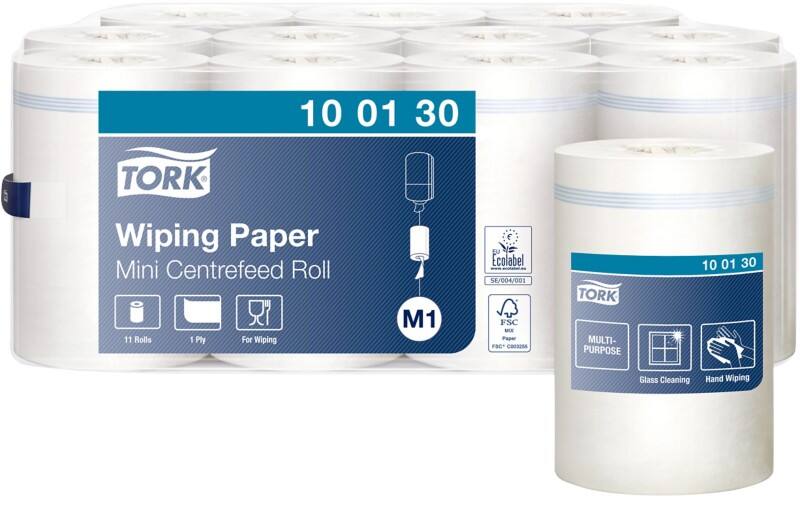 Papier d'essuyage mini bobine blanc Tork M1, dévidage central, 11 rouleaux, 100130