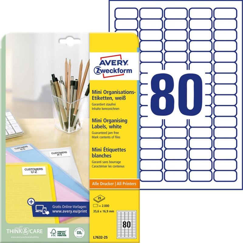 Étiquettes Laser Avery L7632-25 adhésif A4 Blanc 35.6 x 16.9 mm 25 Feuilles de 80 Étiquettes