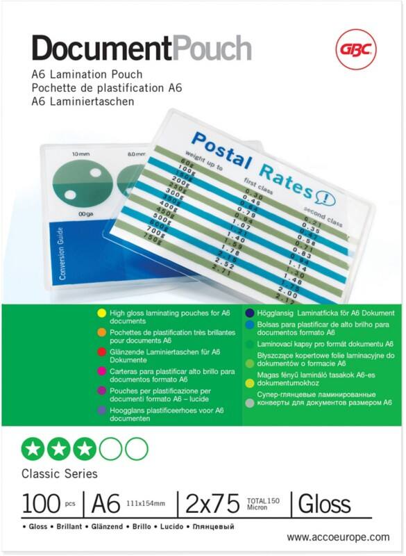 Pochette de plastification Document GBC A6 Brillant 75 microns (2 x 75) Transparent 100 Unités